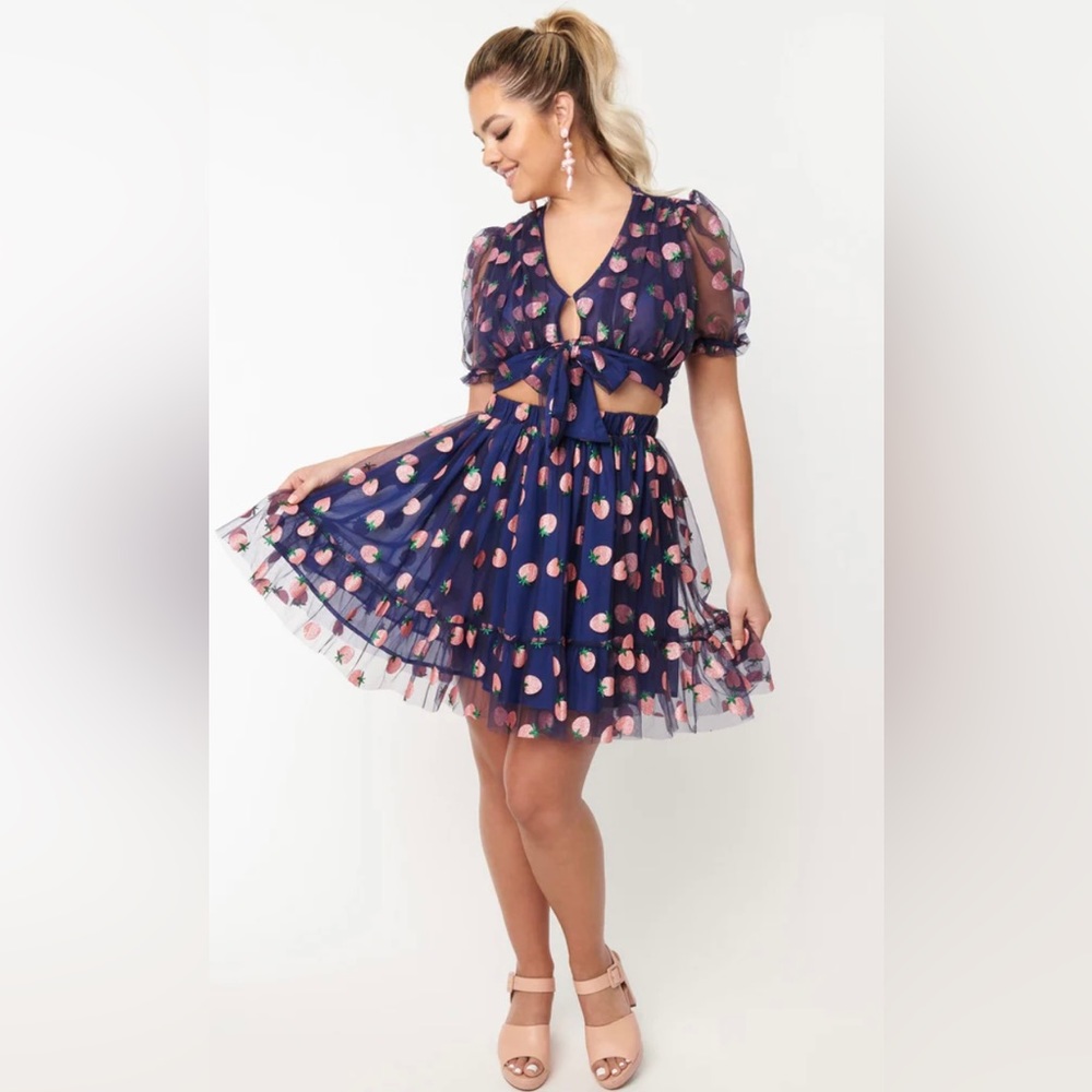 Smak Parlour Navy & Pink Strawberry Roller Queen Skirt & Tie Top